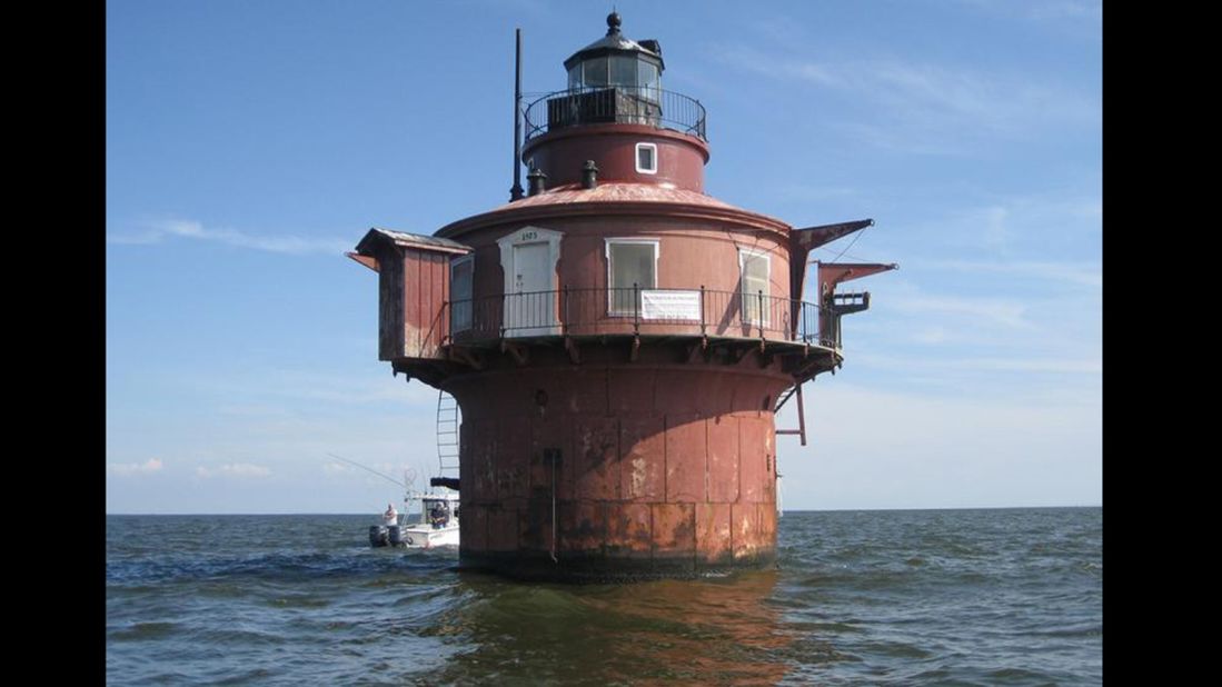 The Craighill Channel Lower Range Front Light Station sits about 2 miles offshore in Chesapeake Bay, Maryland. The top of the structure is about 25 feet above the water level.