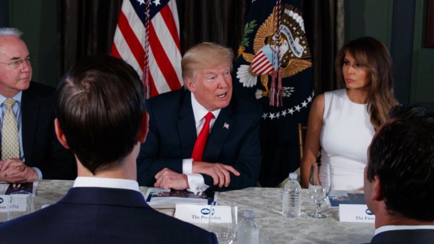 President Donald Trump speaks during a briefing on the opioid crisis, Tuesday, Aug. 8, 2017, at Trump National Golf Club in Bedminster, N.J. From left are, White House senior adviser Kellyanne Conway, Health and Human Services Secretary Tom Price, Trump, first lady Melania Trump, and National Drug Control Policy acting Director Richard Baum. (AP Photo/Evan Vucci)