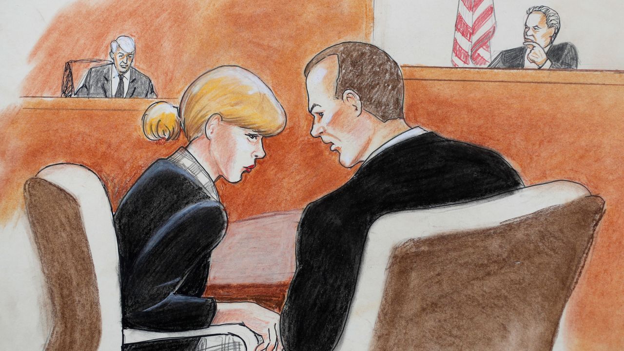 In this courtroom sketch, pop singer Taylor Swift, front left, confers with her attorney as David Mueller, back left, and the judge look on during a civil trial in federal court Tuesday, Aug. 8, 2017, in Denver. Mueller, a former radio disc jockey accused of groping Swift before a concert testified Tuesday that he may have touched the pop superstar's ribs with a closed hand as he tried to jump into a photo with her but insisted he did not touch her backside as she claims. (Jeff Kandyba via AP)