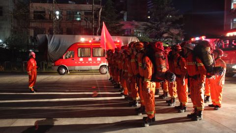 Firefighters in China's Gansu province preparing to head to Sichuan on August 8.