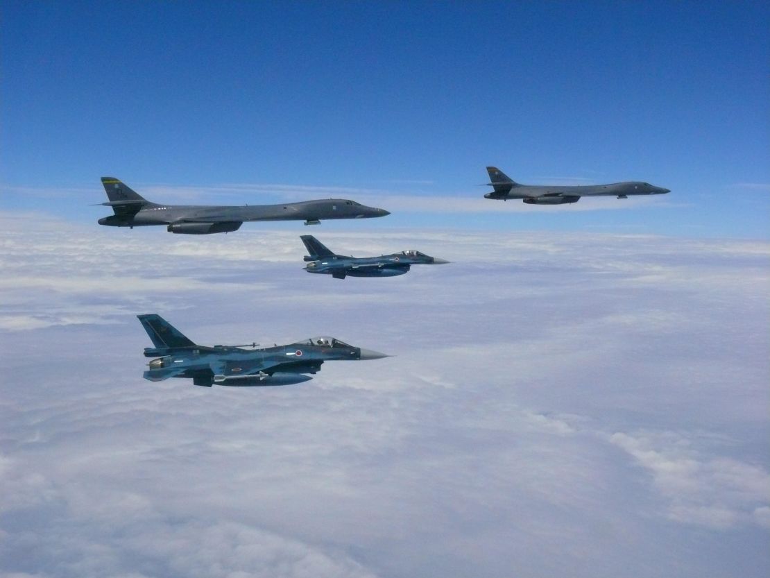 Two U.S. Air Force B-1B Lancers flew from Andersen Air Force Base, Guam, for a 10-hour mission near Japan, the East China Sea and the Korean peninsula, August 7.