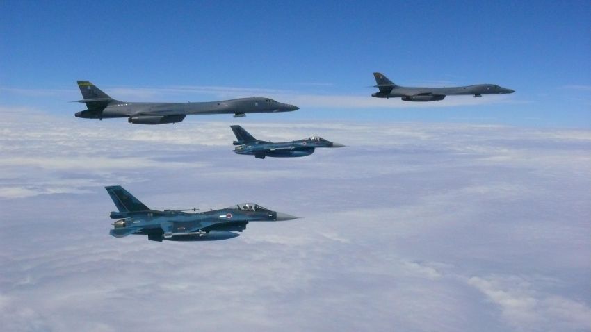 CAPTION: Two U.S. Air Force B-1B Lancers assigned to the 37th Expeditionary Bomb Squadron, deployed from Ellsworth Air Force Base, South Dakota, flew from Andersen Air Force Base, Guam, for a 10-hour mission, flying in the vicinity of Kyushu, Japan, the East China Sea, and the Korean peninsula, Aug. 7, 2017 (HST). During the mission, the B-1s were joined by Japan Air Self-Defense Force F-15s as well as Republic of Korea Air Force KF-16 fighter jets, performing two sequential bilateral missions. These flights with Japan and the Republic of Korea (ROK) demonstrate solidarity between Japan, ROK and the U.S. to defend against provocative and destabilizing actions in the Pacific theater. (Courtesy photo)
