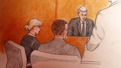 In this sketch by courtroom artist Jeff Kandyba, pop singer Taylor Swift, left, looks on a former radio host David Mueller, background right, speaks during the trial.