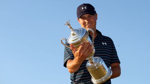 Spieth celebrates US Open victory at Chambers Bay in 2015.