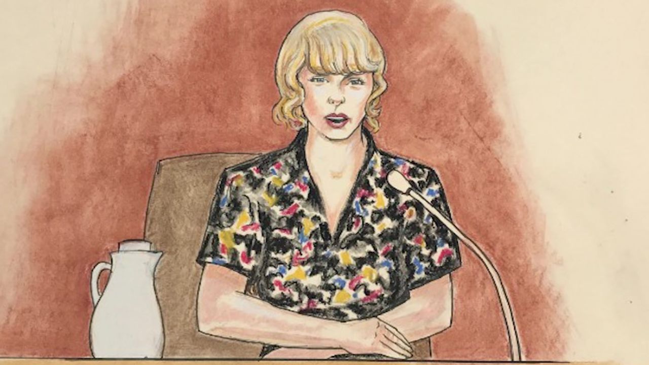 A courtroom sketch of Taylor Swift on the stand on Thursday, August 10.