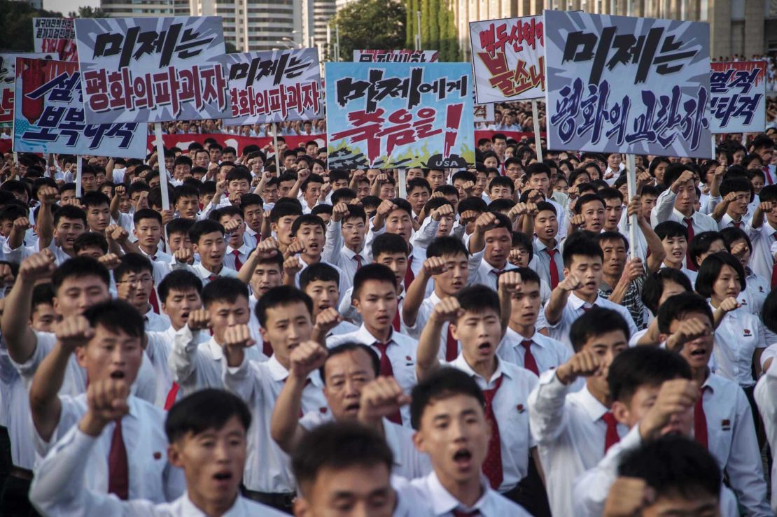 North Koreans in Pyongyang attend an anti-US rally on Wednesday.