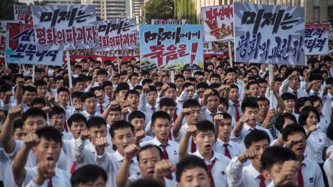North Koreans in Pyongyang attend an anti-US rally on Wednesday.