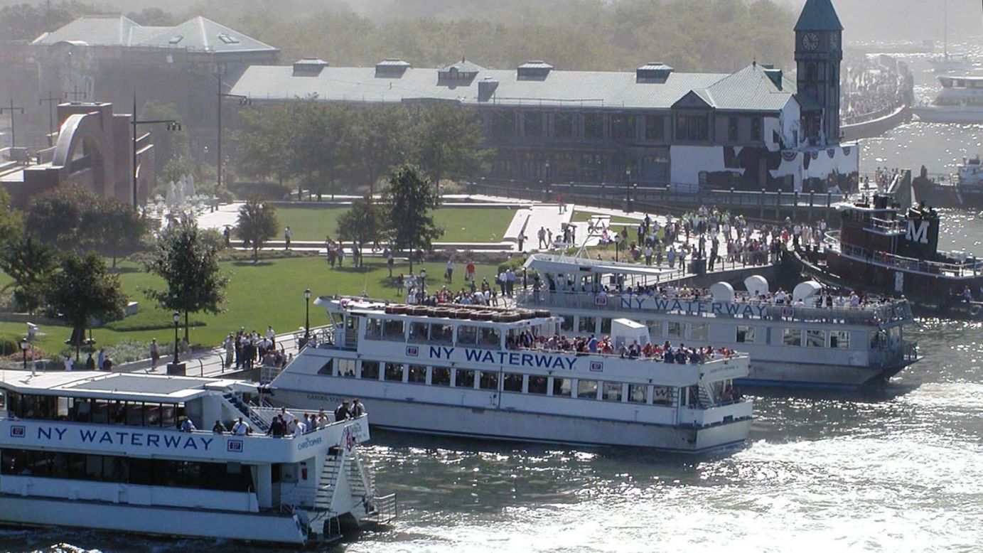 New York Waterway boats nose up to the sea wall at Robert F. Wagner Jr. Park, north of Pier A (with the green-roofed tower). Just out of view is a small dock where Chelsea Screamer Capt. Sean Kennedy asked firefighters to break the lock so passengers could board.