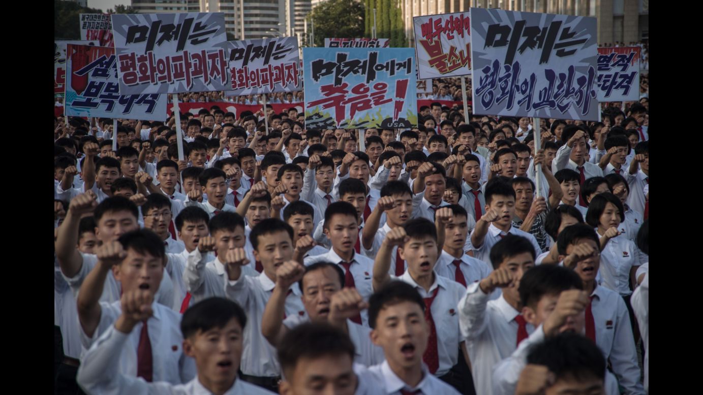 People in Pyongyang, North Korea, attend a rally Wednesday, August 9, in the capital's Kim Il Sung Square. The rally <a href="http://www.cnn.com/2017/08/10/asia/gallery/north-korea-parade-donald-trump/index.html" target="_blank">showed support for the North Korean government </a>and its bellicose stance against the United States. 