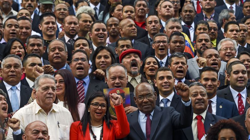 Members of Venezuela's new Constituent Assembly shout slogans as they pose outside the National Congress in Caracas on Friday, August 4. The new legislature has wide-ranging powers and is expected to rewrite the country's constitution at the behest of President Nicolas Maduro. The group was created in a national vote orchestrated by Maduro and boycotted by his opposition. <a href="http://www.cnn.com/2017/04/12/world/gallery/venezuela-protests/index.html" target="_blank">See more photos of the crisis in Venezuela</a>