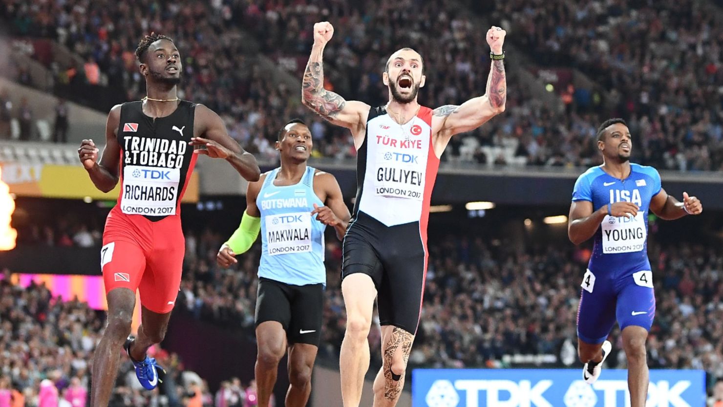 Turkey's Ramil Guliyev wins the men's 200m with Isaac Makwala of Botswana in sixth place.