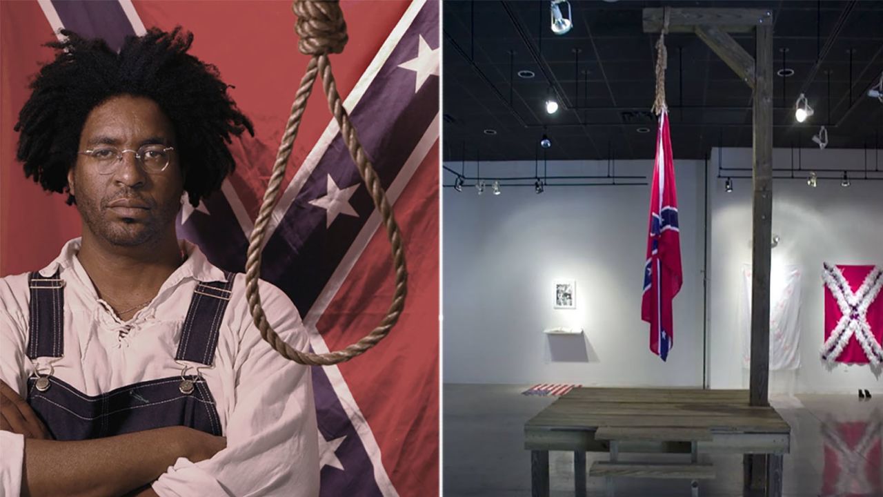 Left: "Confederate Gothic," John Sims; right: "The Proper Way to Hang a Confederate Flag," 2004, John Sims (Smucker Gallery, Gettysburg College)