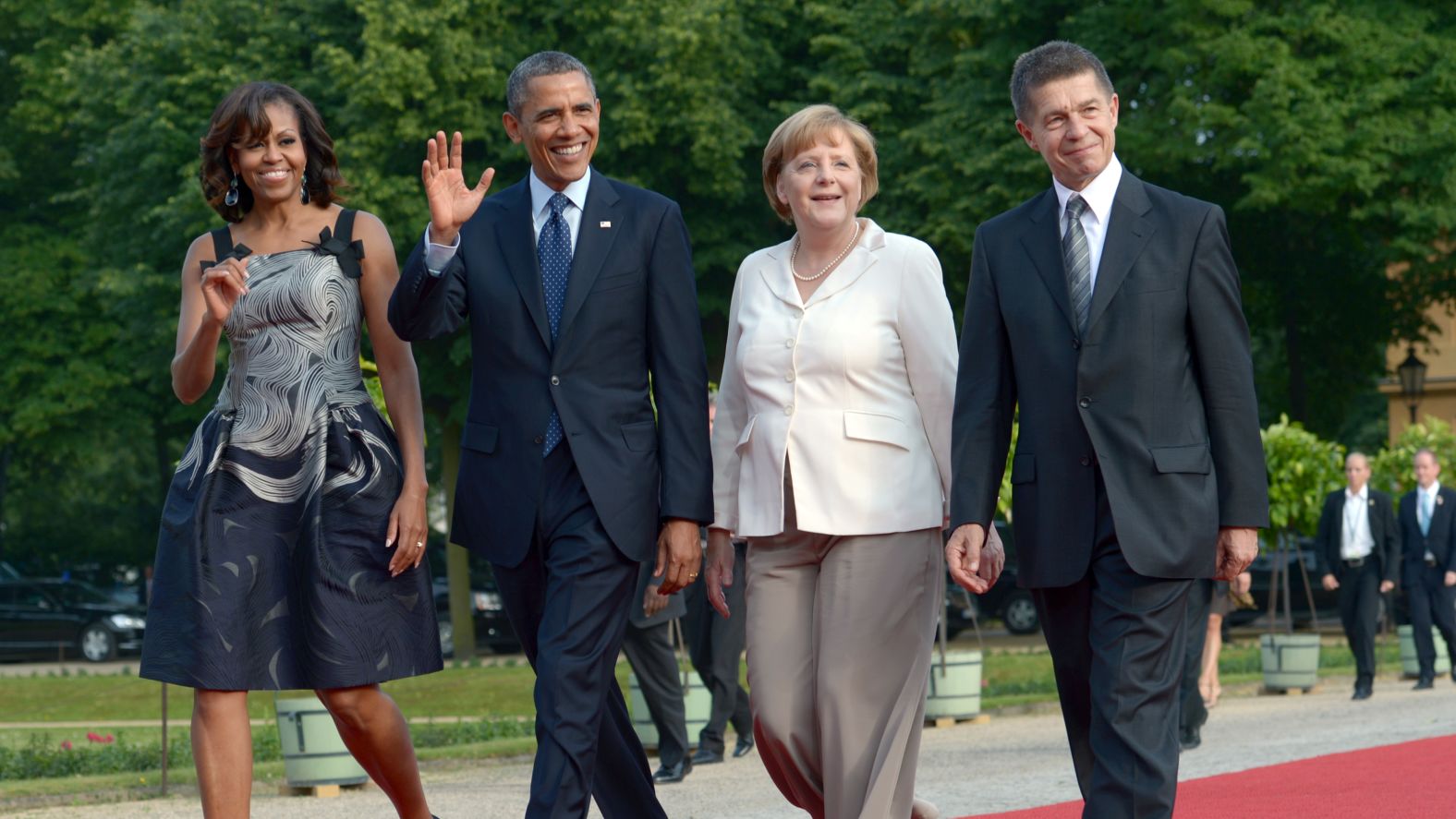 Merkel and her husband, Joachim Sauer, walk with US President Barack Obama and first lady Michelle Obama before a dinner in Berlin in June 2013. Merkel and Sauer have been married since 1998.