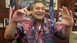 Guam Gov. Guam Eddie Baza Calvo speaks to the media in his office in Adelup, Guam, Friday, Aug. 11, 2017. The small U.S. territory of Guam has become a focal point after North Korea's army threatened to use ballistic missiles to create an "enveloping fire" around the island. The exclamation came after President Donald Trump warned Pyongyang of "fire and fury like the world has never seen." (AP Photo/Tassanee Vejpongsa)