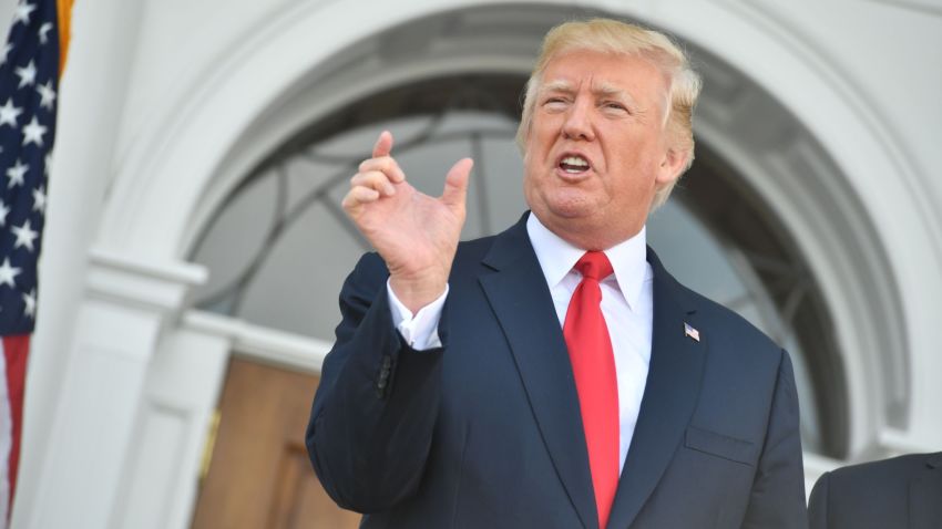 US President Donald Trump speaks to the press on August 10, 2017, at his Bedminster National Golf Club in New Jersey before a security briefing. / AFP PHOTO / Nicholas Kamm        (Photo credit should read NICHOLAS KAMM/AFP/Getty Images)