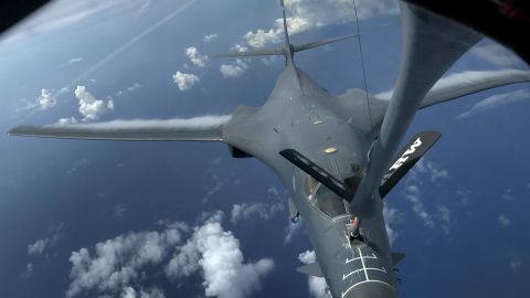 A B-1B bomber being refueled on August 8.