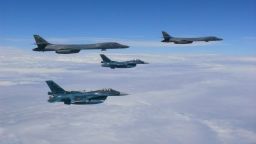 Two U.S. Air Force B-1B Lancers assigned to the 37th Expeditionary Bomb Squadron, deployed from Ellsworth Air Force Base, South Dakota, flew from Andersen Air Force Base, Guam, for a 10-hour mission, flying in the vicinity of Kyushu, Japan, the East China Sea, and the Korean peninsula, Aug. 7, 2017 (HST). During the mission, the B-1s were joined by Japan Air Self-Defense Force F-15s as well as Republic of Korea Air Force KF-16 fighter jets, performing two sequential bilateral missions. These flights with Japan and the Republic of Korea (ROK) demonstrate solidarity between Japan, ROK and the U.S. to defend against provocative and destabilizing actions in the Pacific theater. (Courtesy photo)
