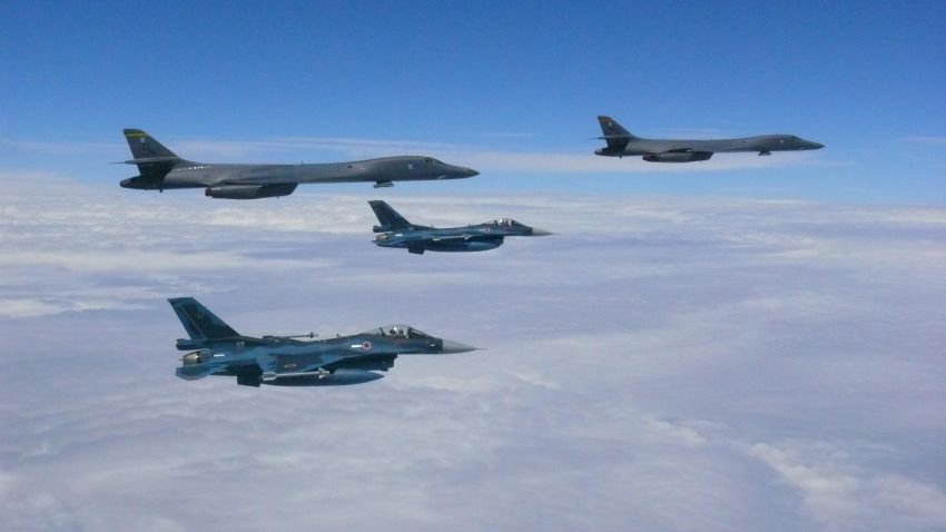Two U.S. Air Force B-1B Lancers assigned to the 37th Expeditionary Bomb Squadron, deployed from Ellsworth Air Force Base, South Dakota, flew from Andersen Air Force Base, Guam, for a 10-hour mission, flying in the vicinity of Kyushu, Japan, the East China Sea, and the Korean peninsula, Aug. 7, 2017 (HST). During the mission, the B-1s were joined by Japan Air Self-Defense Force F-15s as well as Republic of Korea Air Force KF-16 fighter jets, performing two sequential bilateral missions. These flights with Japan and the Republic of Korea (ROK) demonstrate solidarity between Japan, ROK and the U.S. to defend against provocative and destabilizing actions in the Pacific theater. (Courtesy photo)
