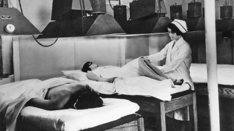 The Kellogg's Battle Creek Sanitarium urged "wellness" through controlled diets and therapies such as artificial sunlight treatment, shown around 1924.