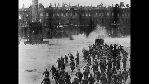 The 1927 film "October" re-enacts the Bolshevik fighters overthrowing the Provisional Government of Alexander Kerensky in the courtyard of the Winter Palace in Petrograd on November 7, 1917. 