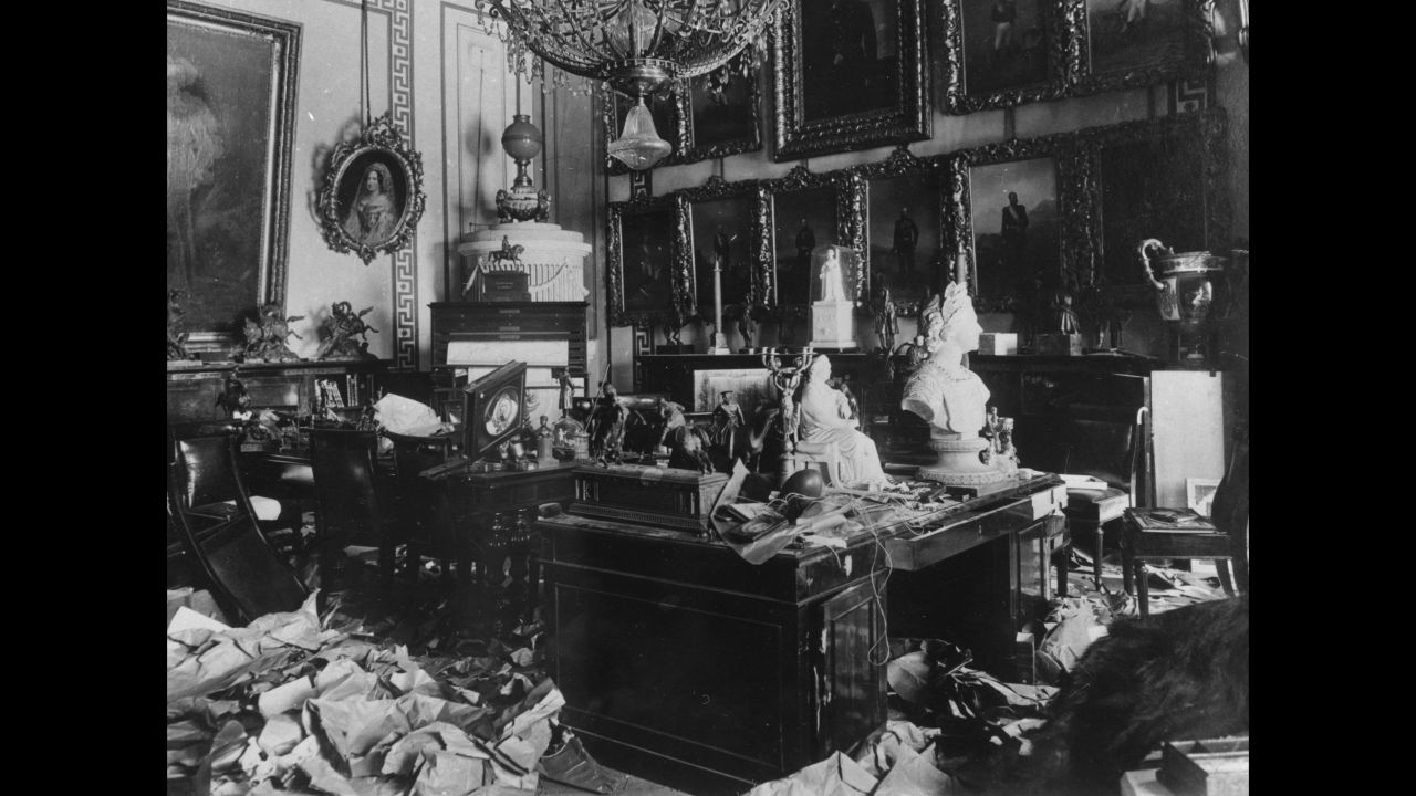 A room in the Czar's Winter Palace after being ransacked by Bolshevik troops during the Russian Revolution.