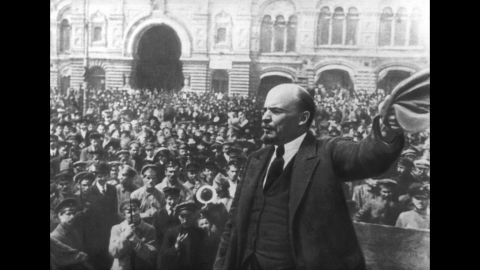 Vladimir Ilyich Lenin addresses a crowd in Moscow. As leader of the Bolsheviks, he presided over the October Revolution that ousted the provisional government and established the foundation of Communist rule under what became the Soviet Union.