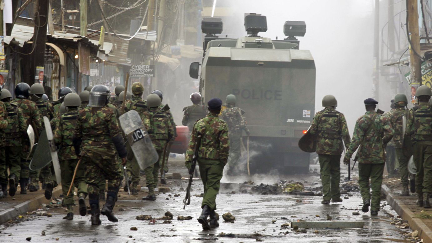 Kenyan security forces patrol the Kibera enclave of Nairobi.