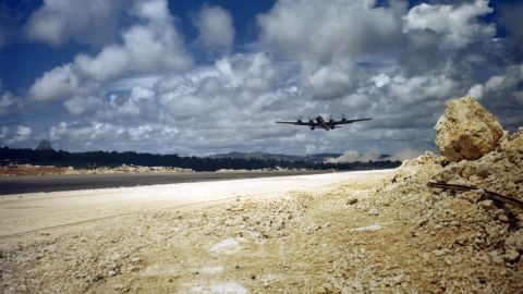 A Boeing B-29 Superfortress takes off from Harmon Field, Guam, April 13, 1945.