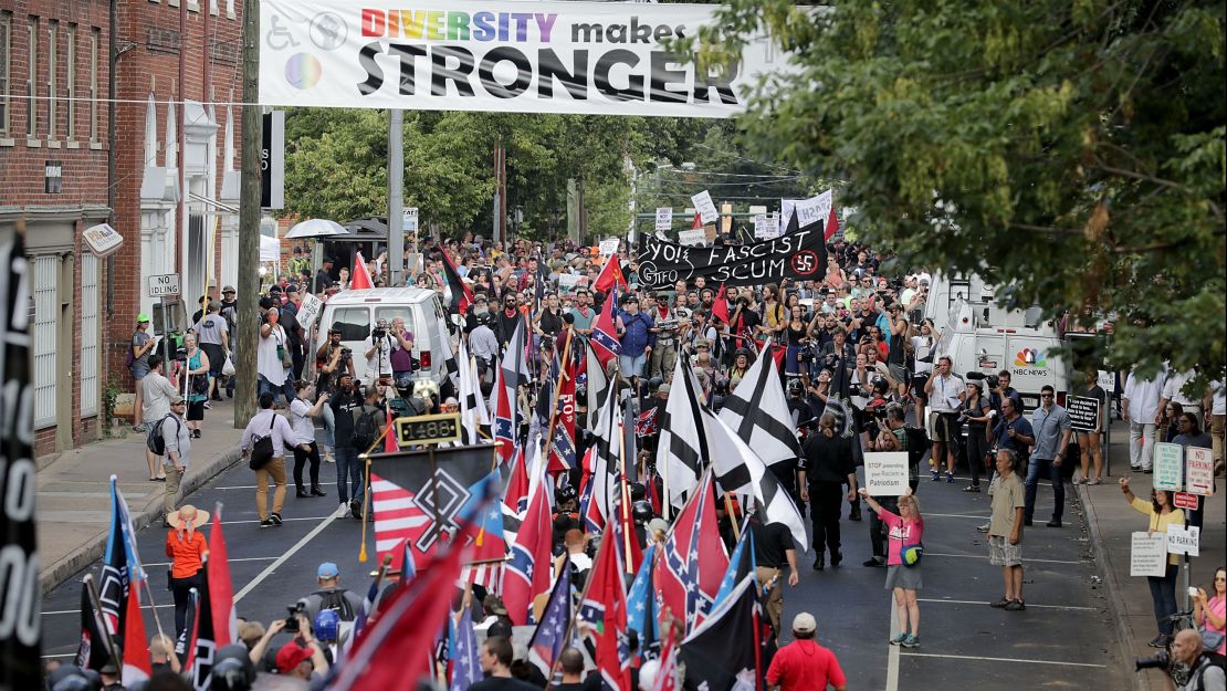 White nationalists and neo-Nazis march in  Charlottesville, Virginia, in August 2017. 