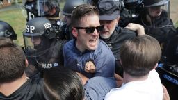 White nationalist Richard Spencer and his supporters clash with Virginia State Police in Lee Park after the "Unite the Right" rally was declared an unlawful gathering August 12, 2017 in Charlottesville, Virginia. Hundreds of white nationalists, neo-Nazis and members of the "alt-right" clashed with anti-facist protesters and police as they attempted to hold a rally in Lee Park, where a statue of Confederate General Robert E. Lee is slated to be removed.