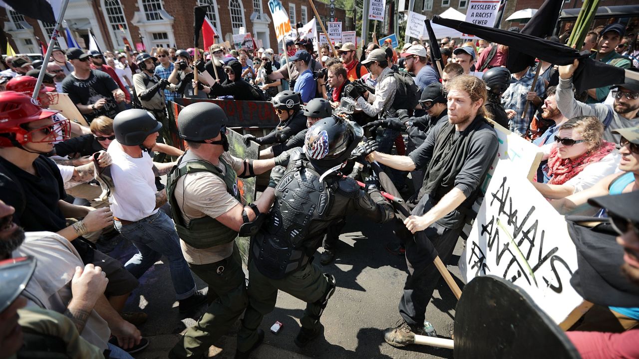 White nationalists, neo-Nazis and members of the "alt-right" clash with counterprotesters on August 12, 2017.