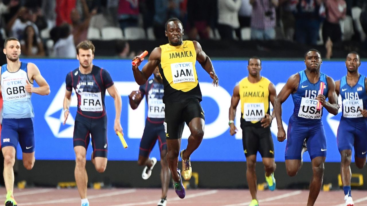 Jamaica's Usain Bolt pulls up sharply on the final leg of the men's sprint relay on his track farewell.