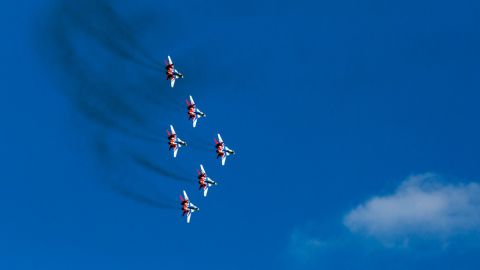 Jet fighters fly in formation over Moscow on Saturday.