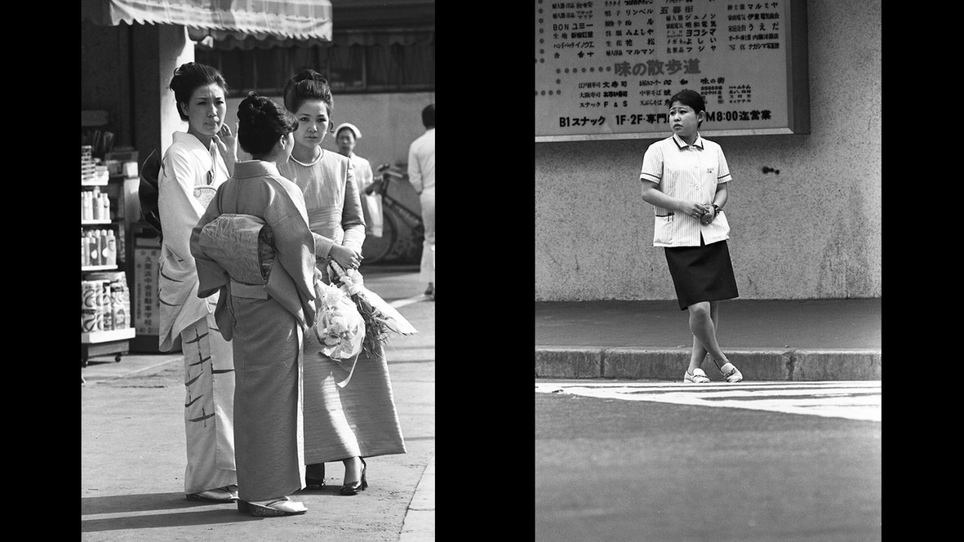 <strong>Left: Yokosuka, Japan (1970): </strong>"The three ladies who are dressed up appeared to be waiting for a ride."<strong> </strong><br /><strong>Right: Ofuna, Japan (1971):</strong> "The lady waiting to cross the street was in Ofuna. I liked the way she was standing."