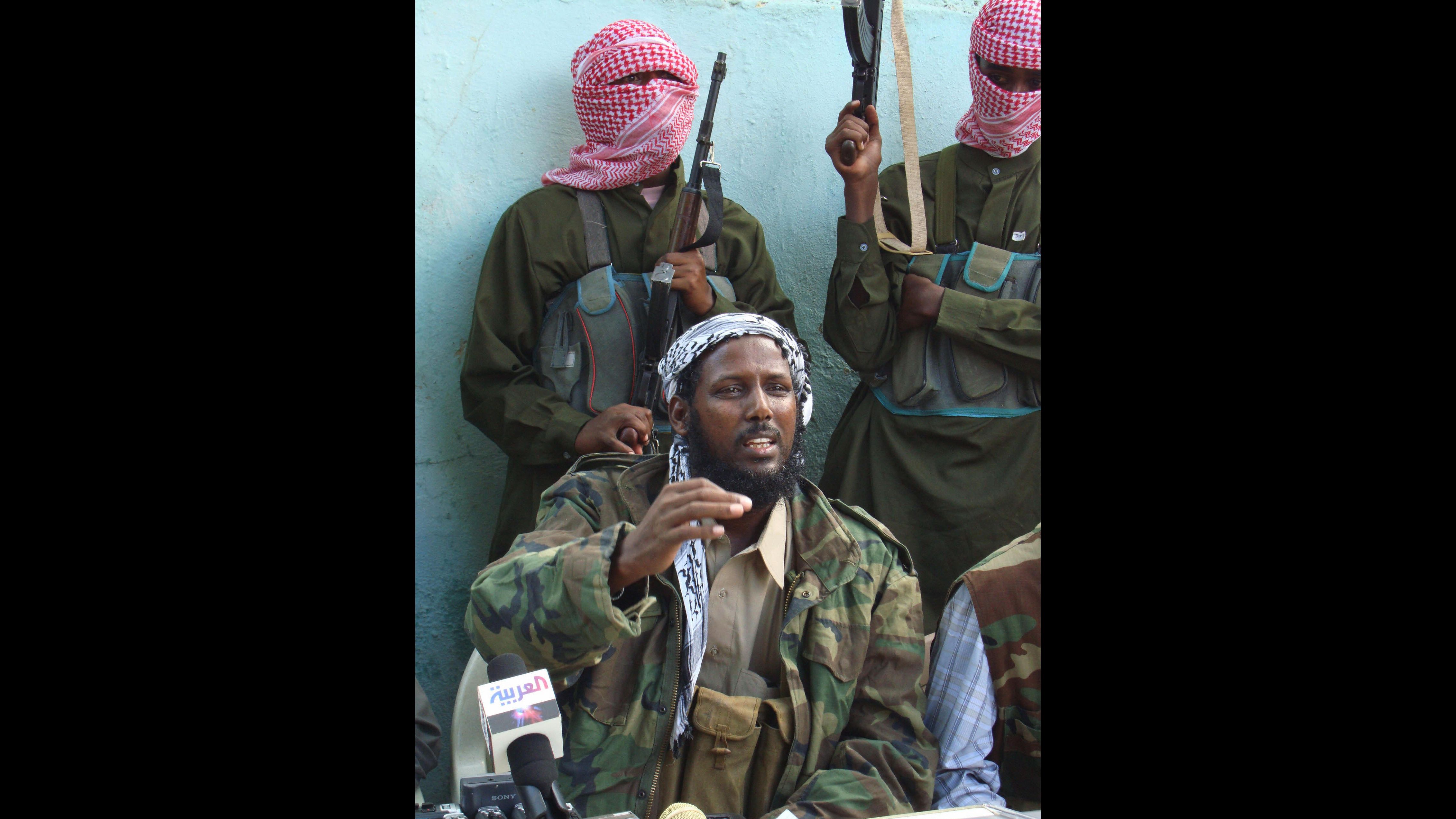 Mukhtar Robow speaks during a 2008 news conference in Mogadishu.  