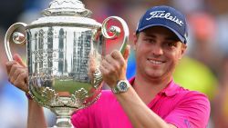 Justin Thomas poses with the Wanamaker Trophy after winning the PGA Championship.