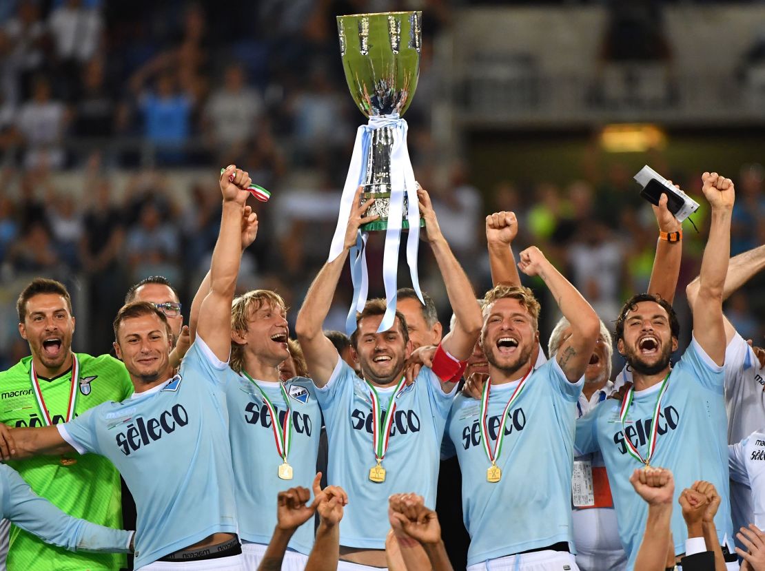 Lazio players celebrate winning the Italian Super Cup