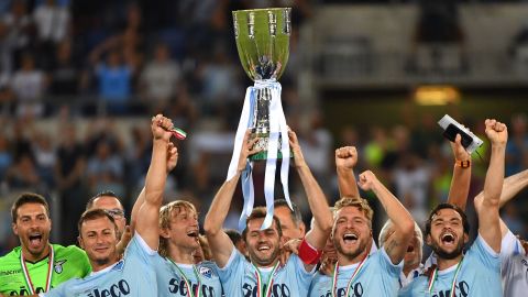 Lazio players celebrate winning the Italian Super Cup