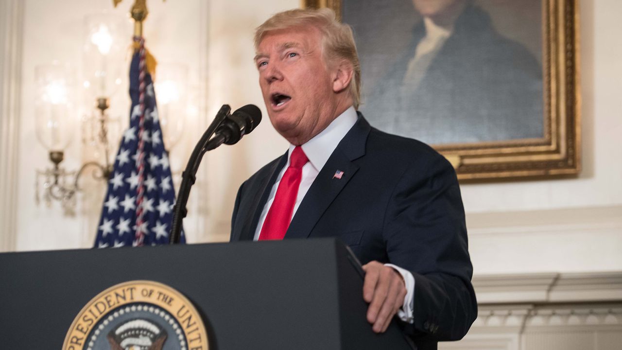 President Donald Trump makes a statement in the Diplomatic Room at the White House on August 14, 2017.