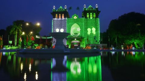 A picture taken on August 13, 2017 in Lahore shows decoration lights to mark Pakistan's Independence day.