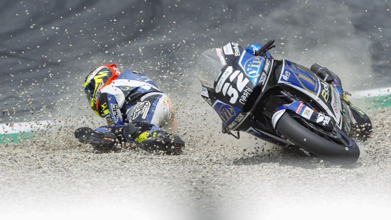 Isaac Vinales falls off his motorcycle during the Moto2 race in Spielberg, Austria, on Sunday, August 13.