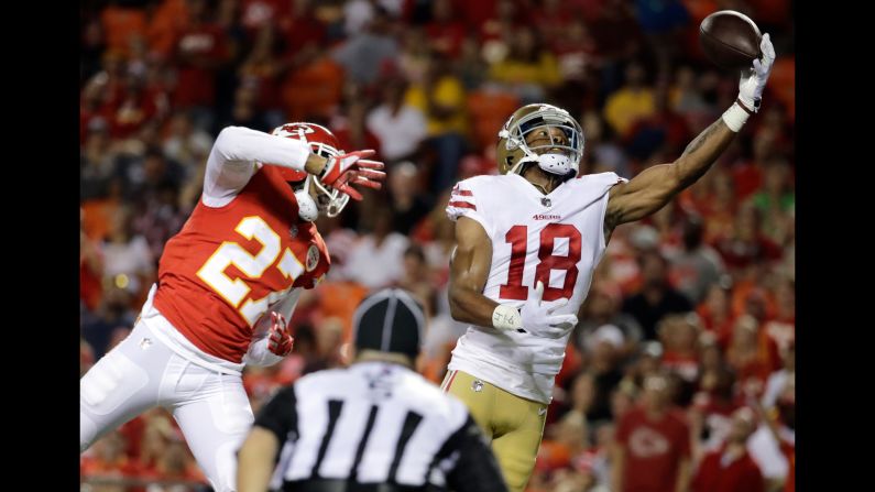 San Francisco wide receiver DeAndre Smelter reaches for a pass during an NFL preseason game at Kansas City on Friday, August 11.