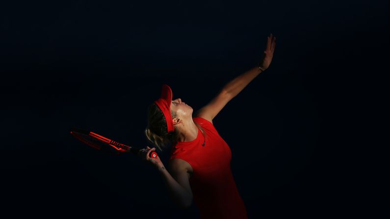 Elina Svitolina serves to Simona Halep during a Rogers Cup semifinal in Toronto on Saturday, August 12. She would go on to win the tournament.