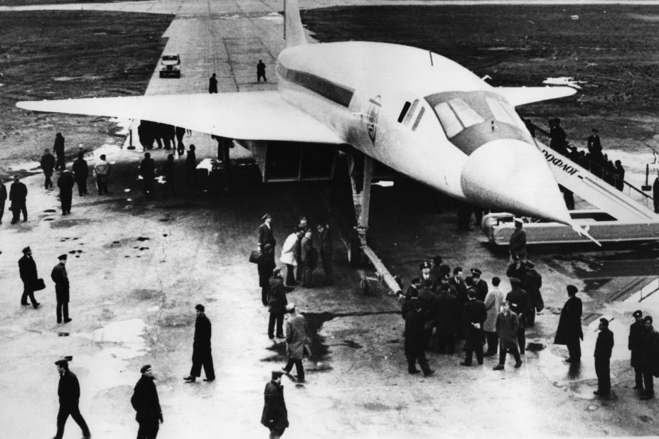 A Tu-144 prototype at Moscow's Sheremetyevo airport in 1969. The plane was 213 feet long and had a wingspan of 94 feet. It had a top cruising speed of just over 1,500 miles per hour.