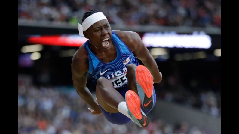 American long jumper Brittney Reese takes flight during the World Championships on Friday, August 11. She won the event for the fourth time since 2009. She also won Olympic gold in 2012.