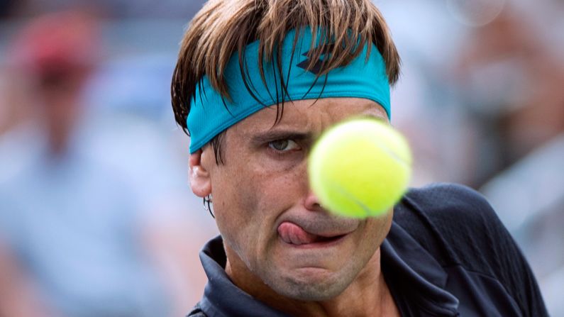 David Ferrer eyes the ball during a Rogers Cup match in Montreal on Thursday, August 10.