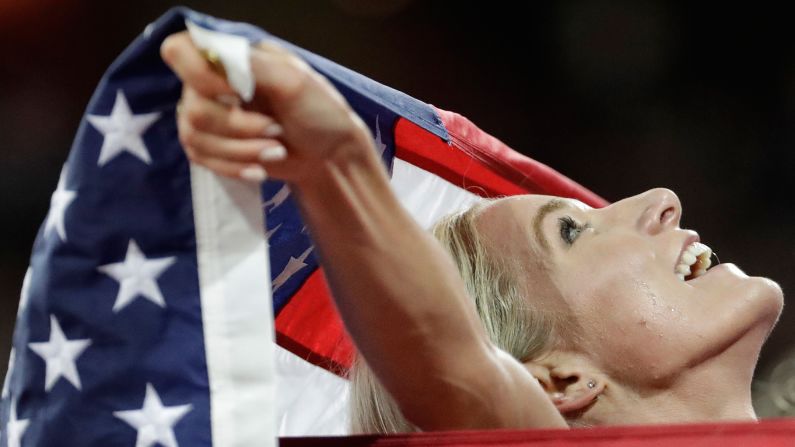 American runner Emma Coburn celebrates after winning the world title in the 3,000-meter steeplechase on Friday, August 11. <a href="index.php?page=&url=http%3A%2F%2Fwww.cnn.com%2F2017%2F08%2F08%2Fsport%2Fgallery%2Fwhat-a-shot-sports-0808%2Findex.html" target="_blank">See 25 amazing sports photos from last week</a>