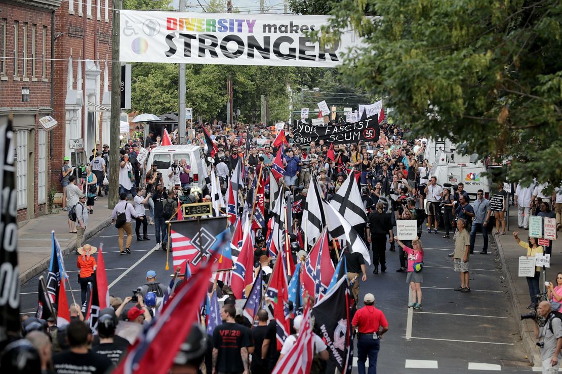 Hundreds of white nationalists, neo-Nazis and members of the "alt-right" march during the "Unite the Right" rally August 12, 2017/