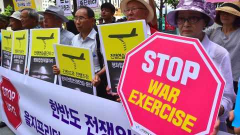 Anti-war activists stage a rally ahead of annual Ulchi Freedom Guardian (UFG) joint US-South Korea military exercises in August 2016.