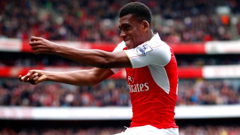 Alex Iwobi of Arsenal celebrates scoring his team's second goal during the Barclays Premier League match between Arsenal and Watford in 2016.